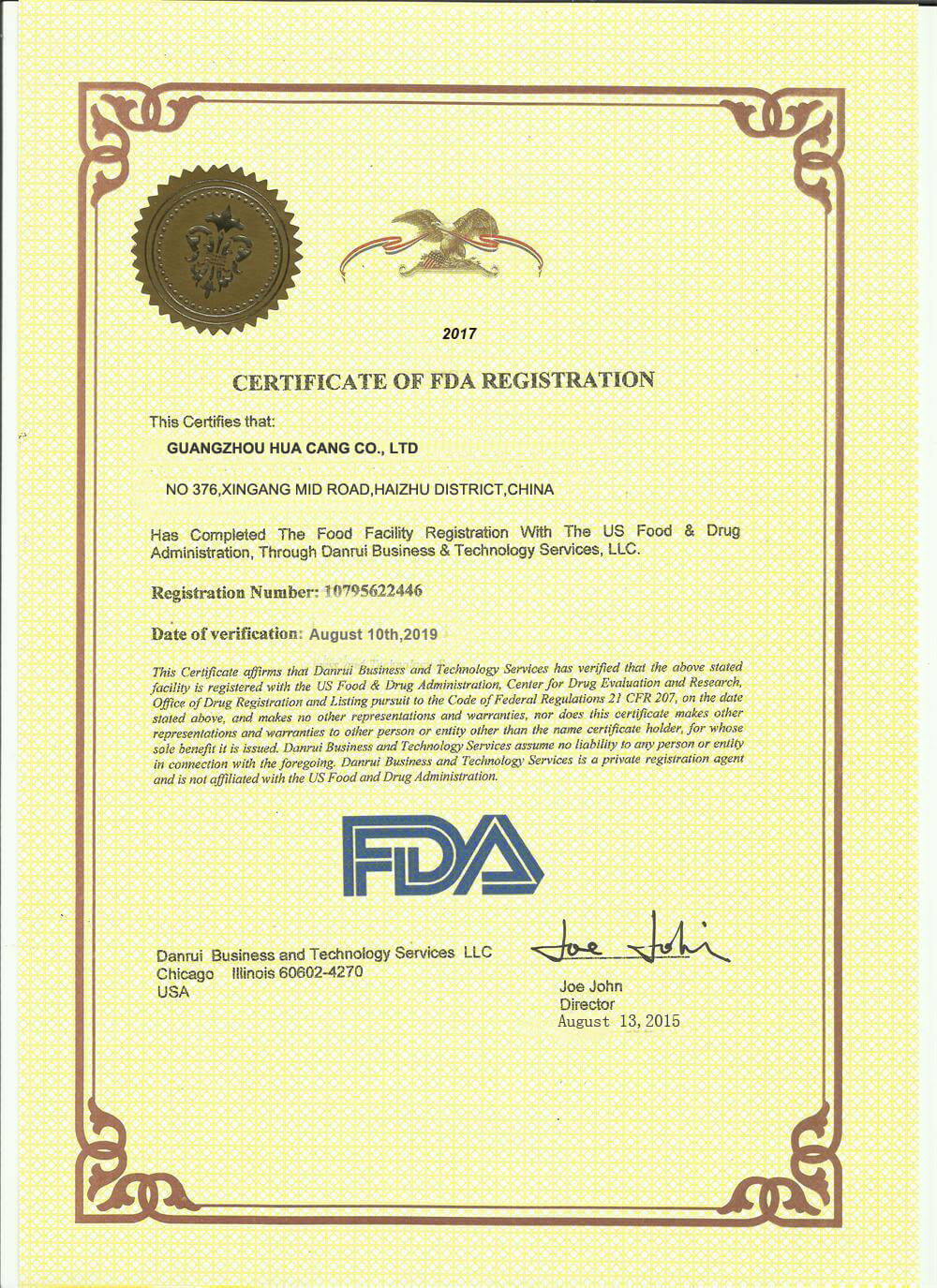 FDA-Related Compliance File certification for HUACANG Packaging